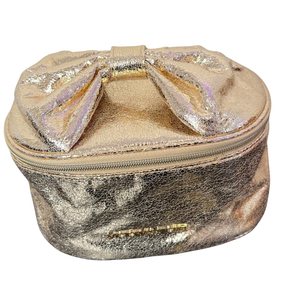 Victoria's Secret Cosmetic Bag Gold Metallic Crackle Bow Vanity Case Makeup Bag